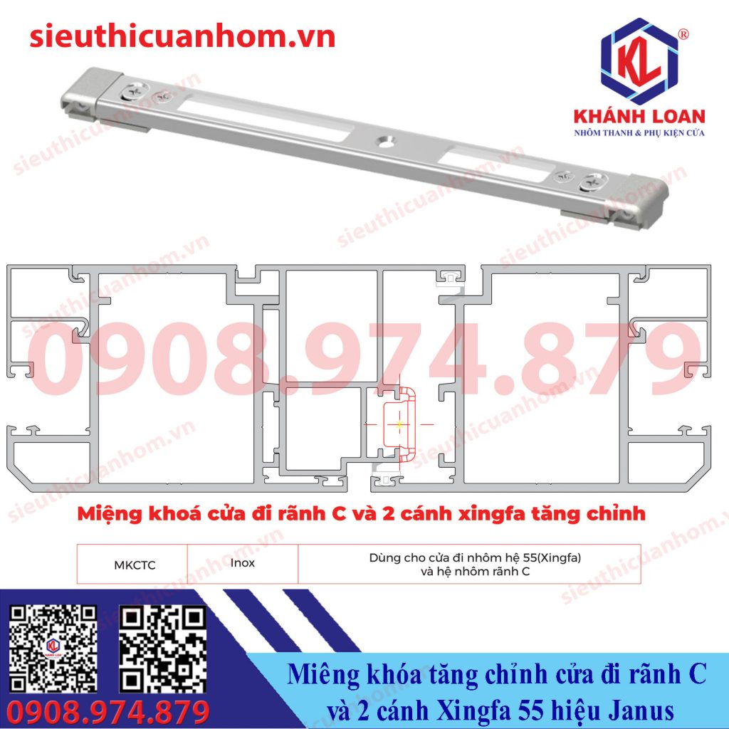 Miệng khóa cửa đi rãnh C và cửa 2 cánh Xingfa 55 tăng chỉnh hiệu JanusMiệng khóa cửa đi rãnh C và cửa 2 cánh Xingfa 55 tăng chỉnh hiệu Janus