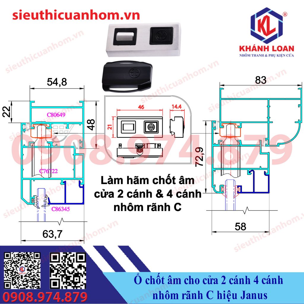 Hố chốt âm cửa 2 cánh và 4 cánh nhôm rãnh C hiệu Janus