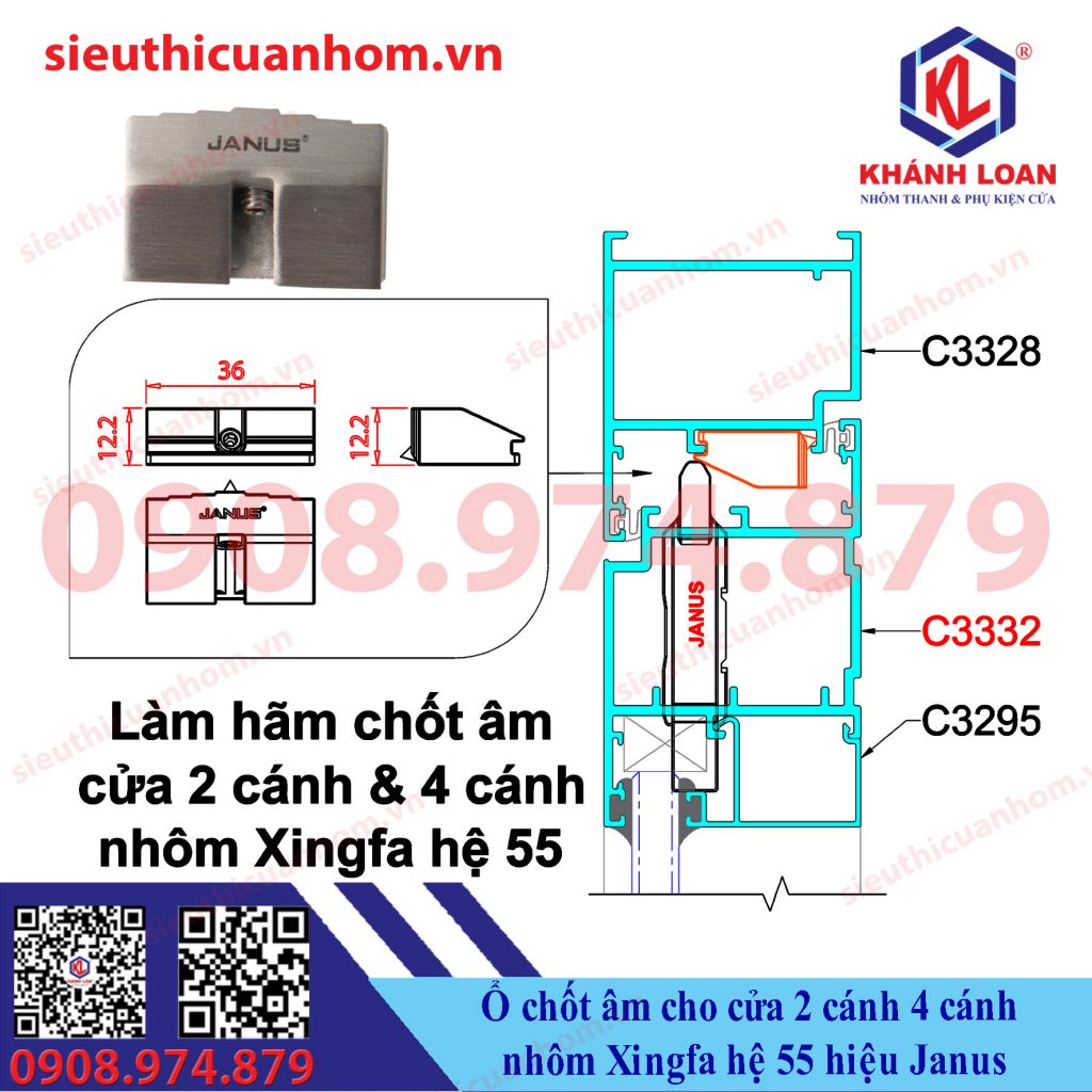 Hố chốt âm Inox đúc đặc nhôm Xingfa hệ 55 hiệu Janus