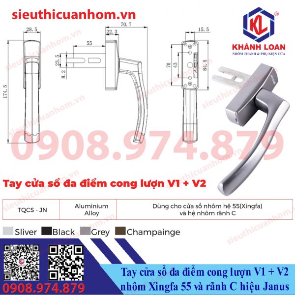 Tay nắm cửa sổ đa điểm cong lượn V1 + V2 hiệu Janus