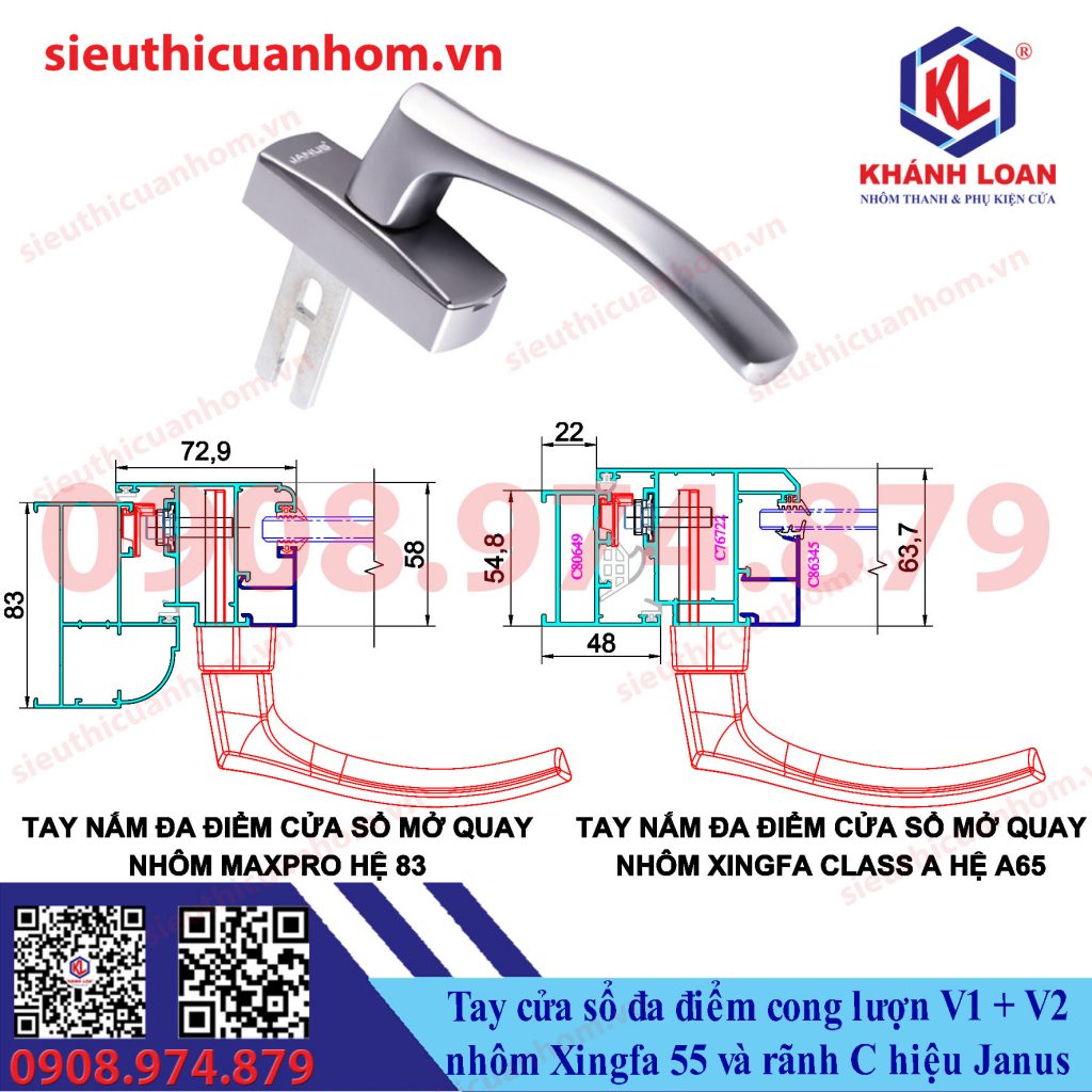 Tay nắm cửa sổ đa điểm cong lượn V1 + V2 hiệu Janus