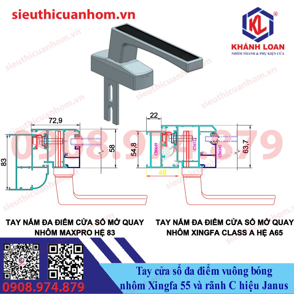 Tay nắm cửa sổ đa điểm vuông bóng hiệu Janus