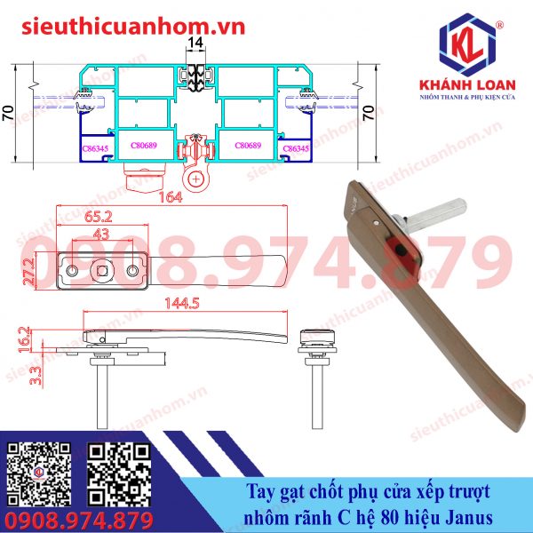 Tay gạt chốt cánh phụ cửa xếp trượt hệ 80 rãnh C hiệu Janus