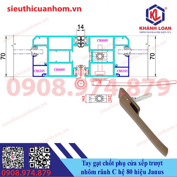 Tay gạt chốt cánh phụ cửa xếp trượt hệ 80 rãnh C hiệu Janus