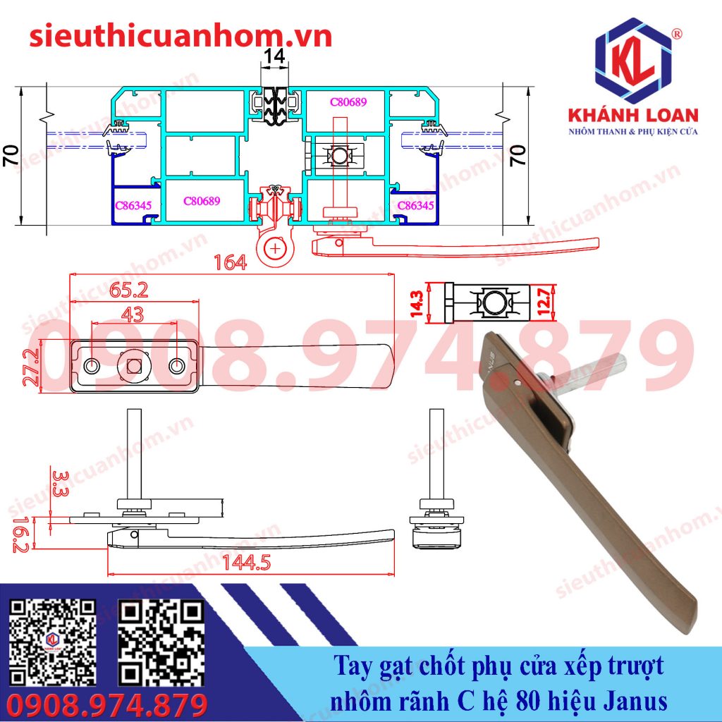 Tay gạt chốt cánh phụ cửa xếp trượt hệ 80 rãnh C hiệu Janus