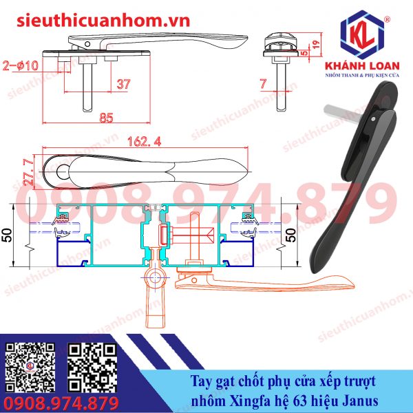 Tay gạt cánh phụ cửa xếp trượt nhôm Xingfa hệ 63 hiệu Janus