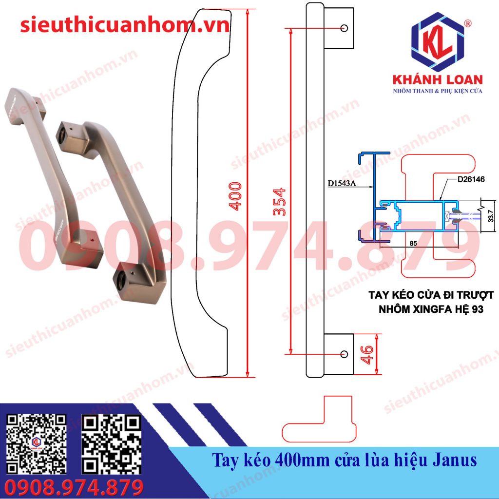 Tay keo cửa nhôm mẫu vuông dài 400mm hiệu Janus