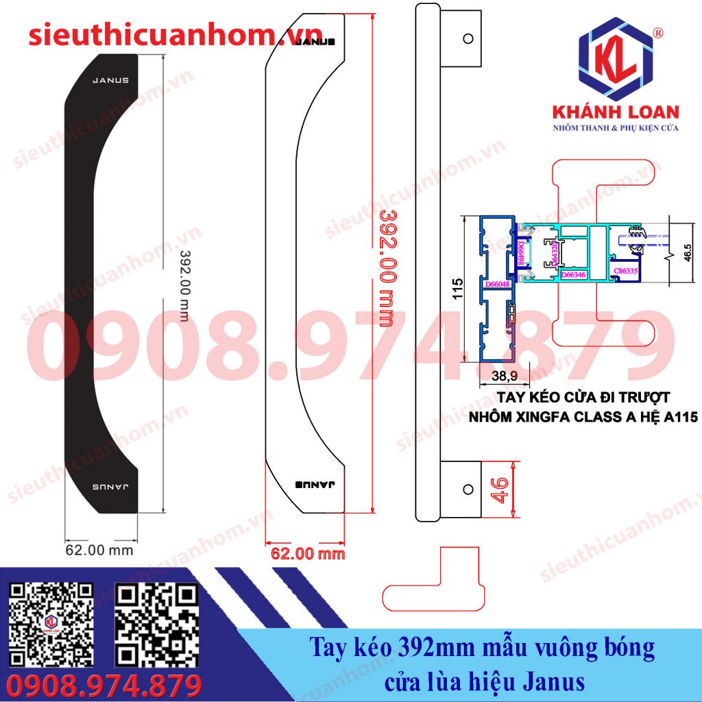 Tay kéo cửa nhôm mẫu vuông bóng dài 392mm hiệu Janus