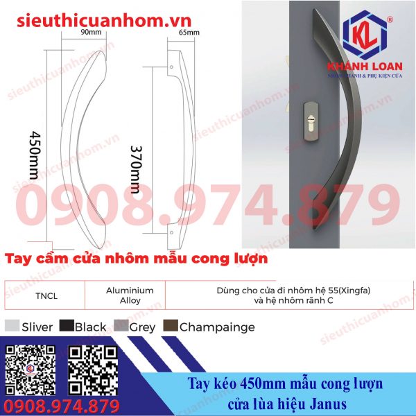 Tay kéo cửa nhôm mẫu cong lượn dài 450mm hiệu Janus