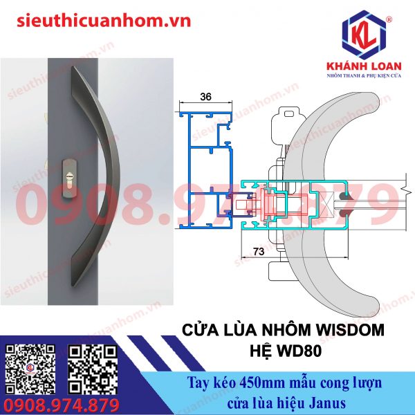 Tay kéo cửa nhôm mẫu cong lượn dài 450mm hiệu Janus