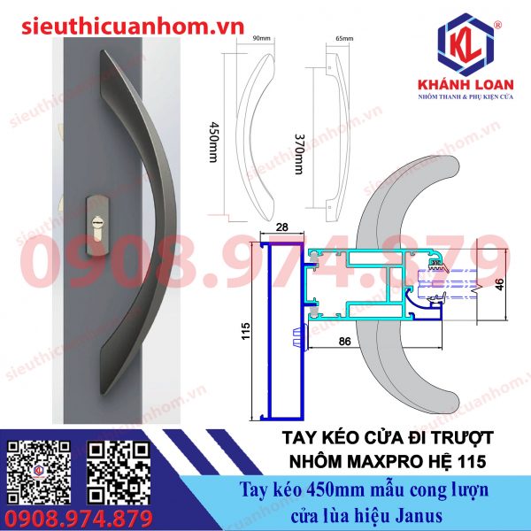 Tay kéo cửa nhôm mẫu cong lượn dài 450mm hiệu Janus