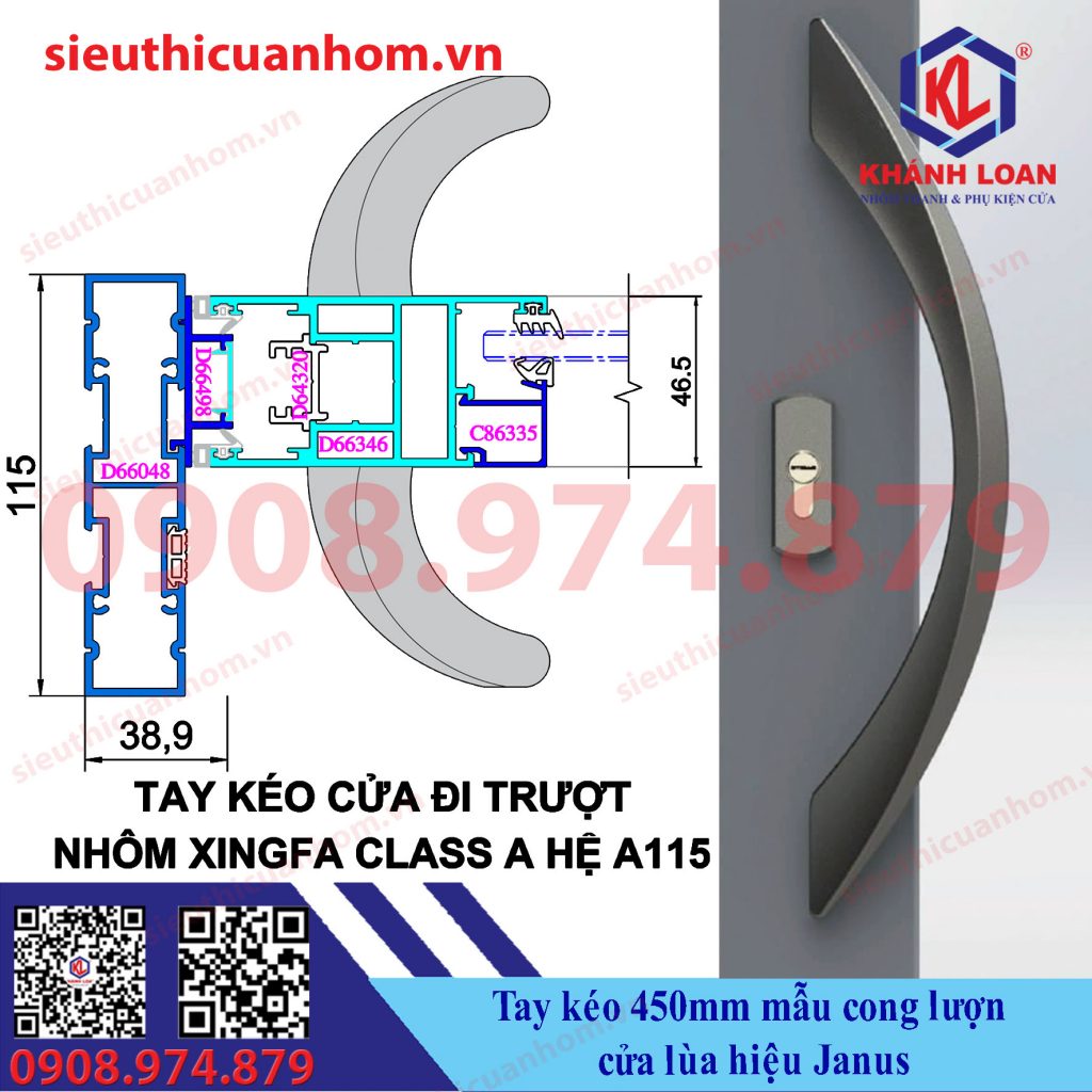 Tay kéo cửa nhôm mẫu cong lượn dài 450mm hiệu Janus