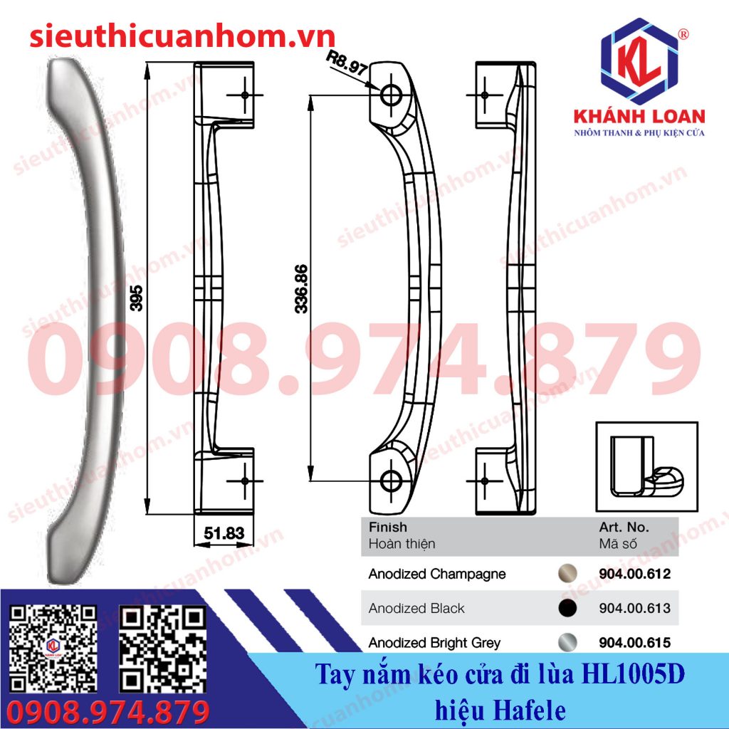 Tay nắm kéo chữ C cửa lùa HL1005D hiệu Häfele