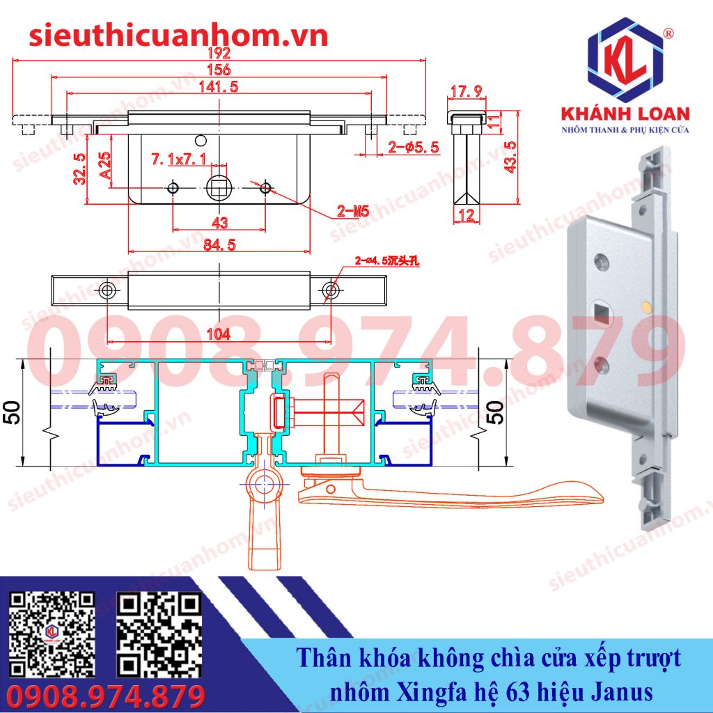 Thân khóa không chìa cửa xếp trượt nhôm Xingfa hệ 63 hiệu Janus