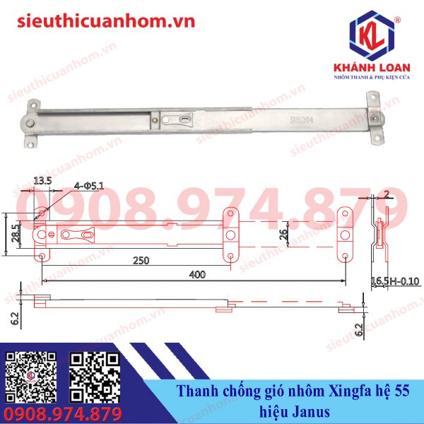 Thanh chống sập cửa sổ mở hất nhôm Xingfa hệ 55 hiệu Janus