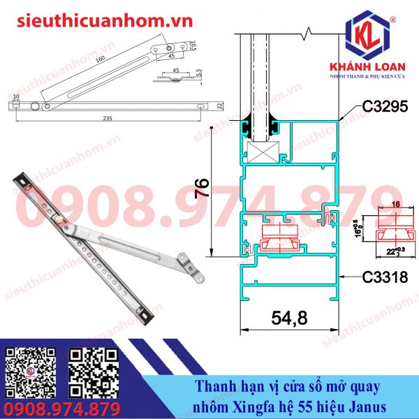 Thanh chống gió cửa sổ mở quay nhôm Xingfa hệ 55 hiệu Janus