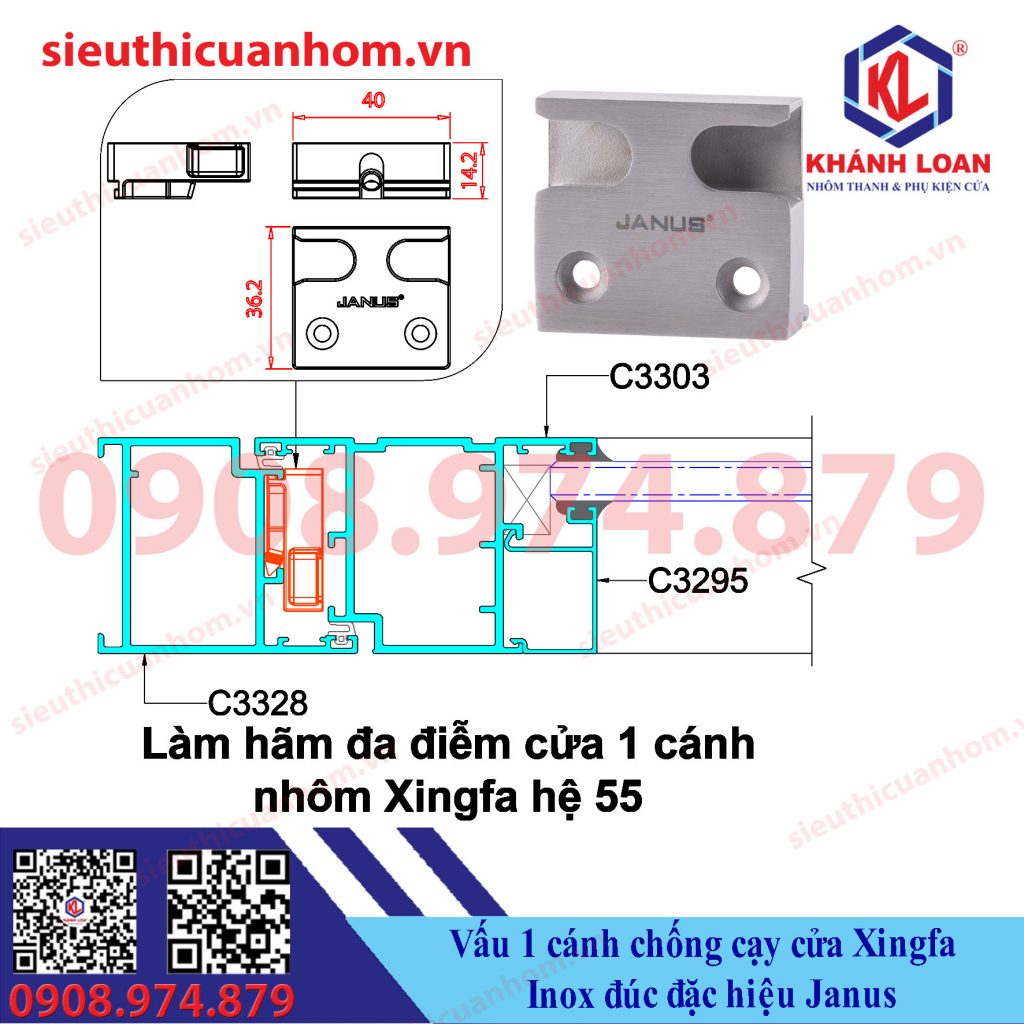 Vấu 1 cánh chống cạy cửa Xingfa 55 Inox đúc đặc hiệu Janus