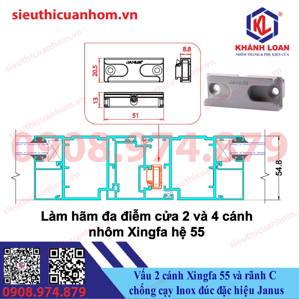 Vấu 2 cánh Xingfa 55 và rãnh C chống cạy Inox đúc đặc hiệu Janus