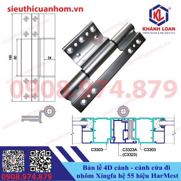 Bản lề 4D cánh cánh cửa đi Xingfa hệ 55 hiệu HarMest