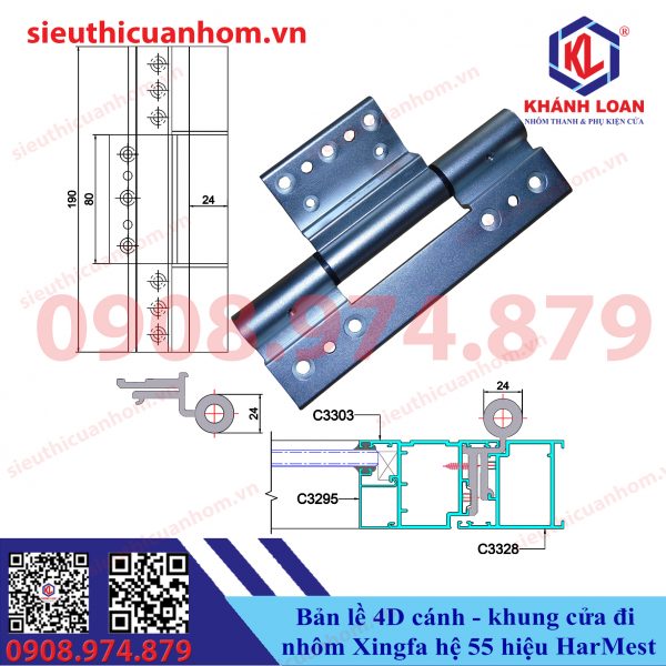 Bản lề 4D cánh khung cửa đi Xingfa hệ 55 hiệu HarMest