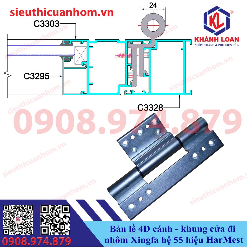 Bản lề 4D cánh khung cửa đi Xingfa hệ 55 hiệu HarMest