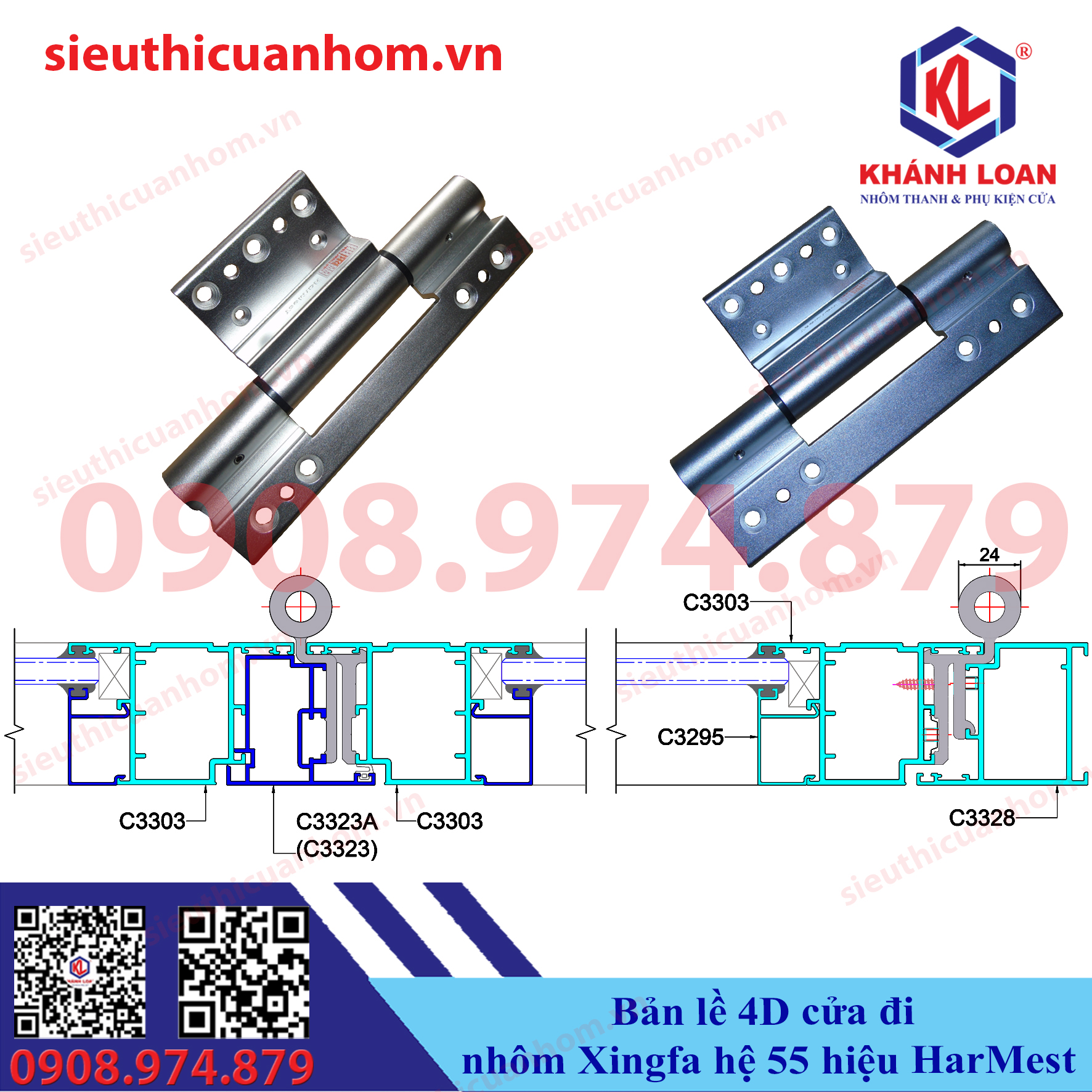 Bản lề 4D màu bạc cửa đi Xingfa hệ 55 hiệu HarMest