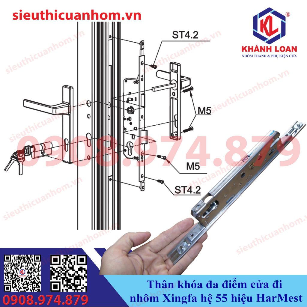 Thân khóa đa điểm cửa đi nhôm Xingfa hệ 55 hiệu HarMest