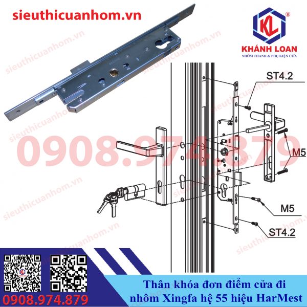 Thân khóa đơn điểm cửa đi nhôm Xingfa hệ 55 hiệu HarMest