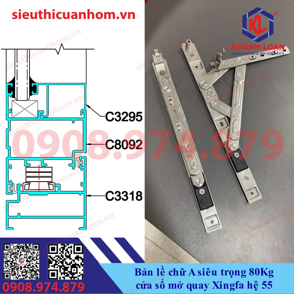 Bản lề chữ A siêu tải 80Kg cửa mở quay nhôm Xingfa hệ 55