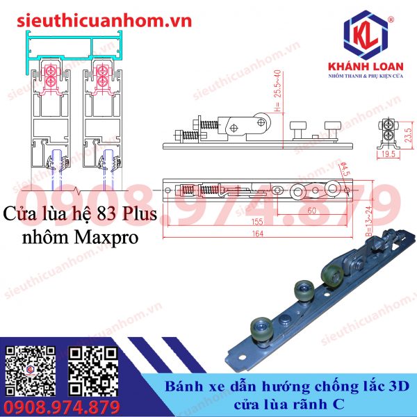 Bánh xe 3D dẫn hướng và chống lắc cửa lùa treo