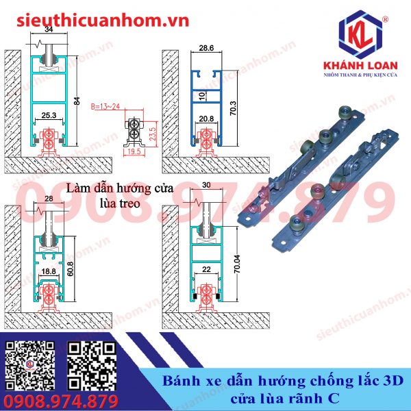 Bánh xe 3D dẫn hướng và chống lắc cửa lùa treo