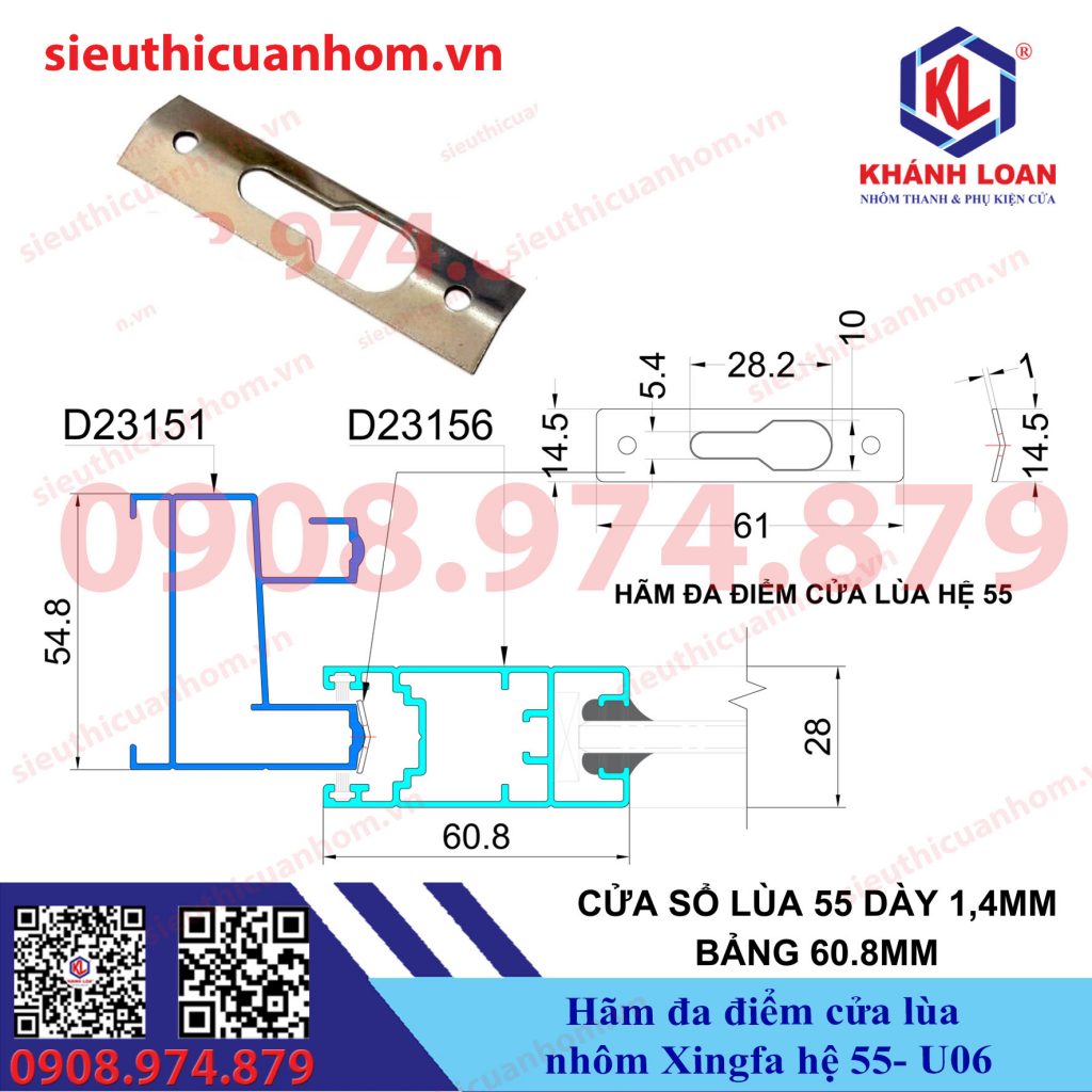 Hãm đa điểm cửa lùa nhôm Xingfa hệ 55 U06