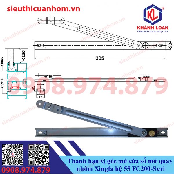 Thanh chống gió hạn vị góc mở cửa sổ mở quay hệ 55 FC200