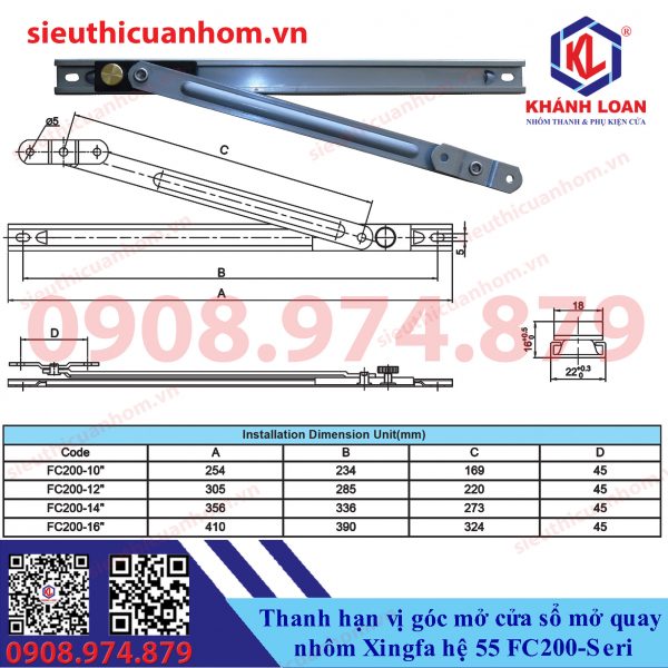 Thanh chống gió hạn vị góc mở cửa sổ mở quay hệ 55 FC200