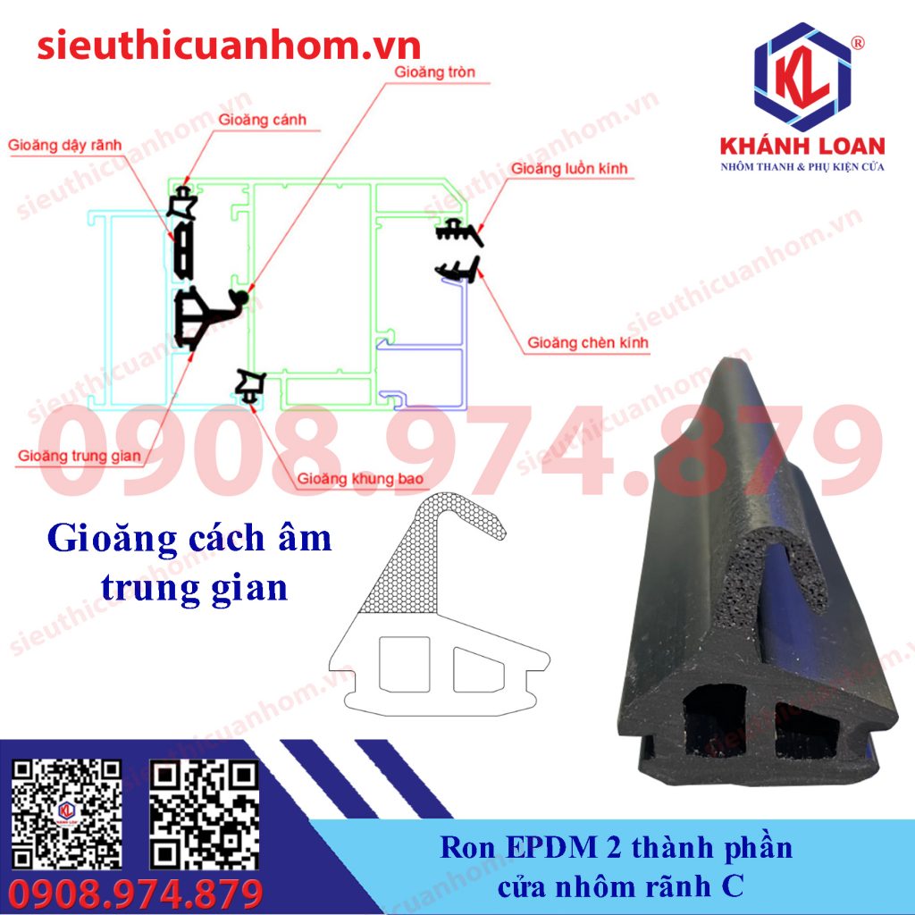 Gioăng 2 thành phần EPDM cửa nhôm rãnh C