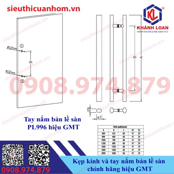 Kẹp kính bản lề sàn và tay nắm bản lề sàn hiệu GMT