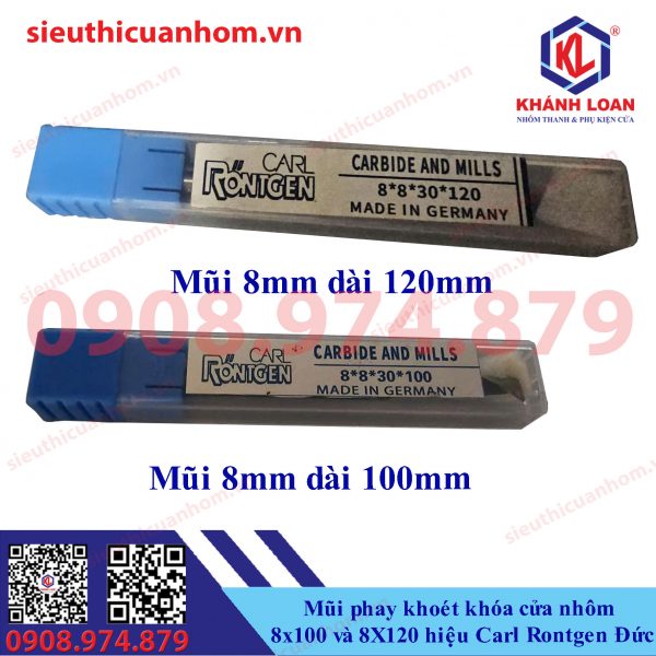 Mũi phay khoét khóa cửa nhôm 8x100 và 8X120 hiệu Carl Rontgen Đức