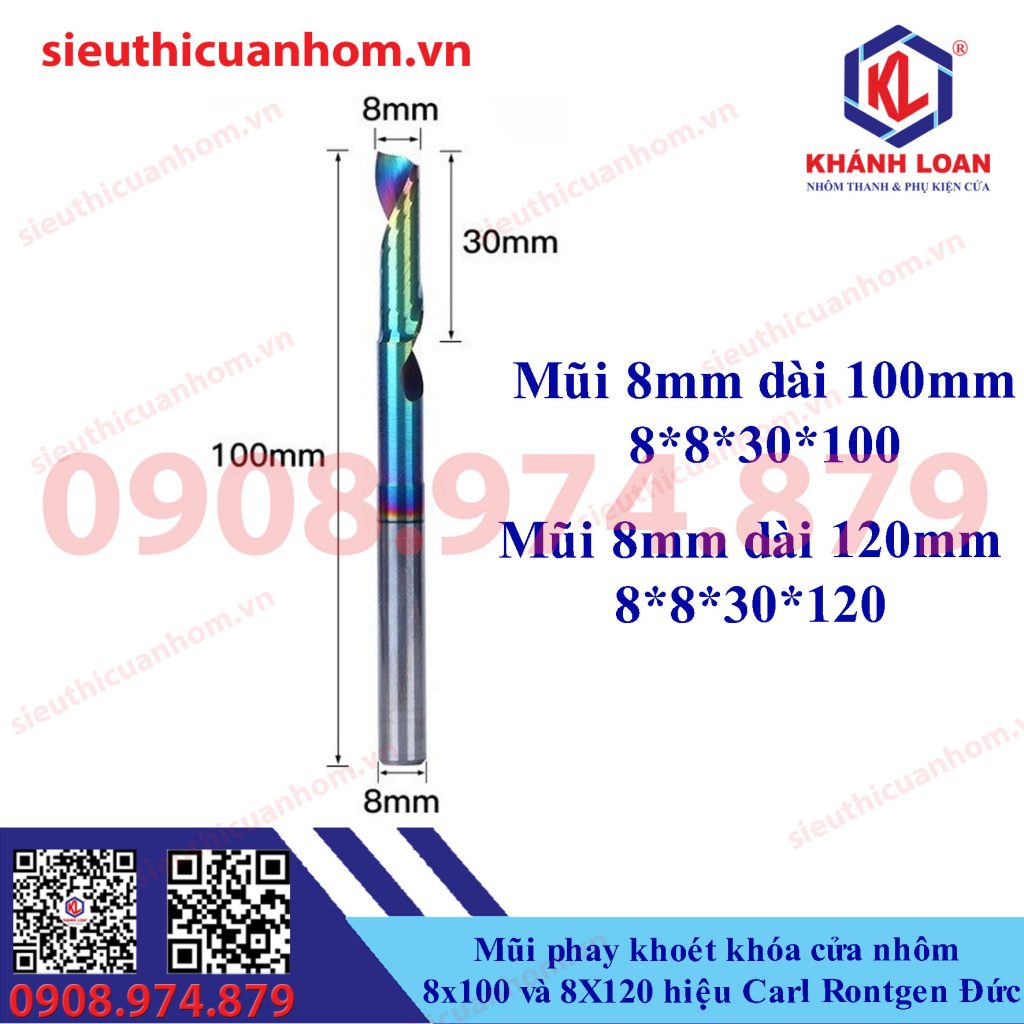 Mũi phay khoét khóa cửa nhôm 8x100 và 8X120 hiệu Carl Rontgen Đức