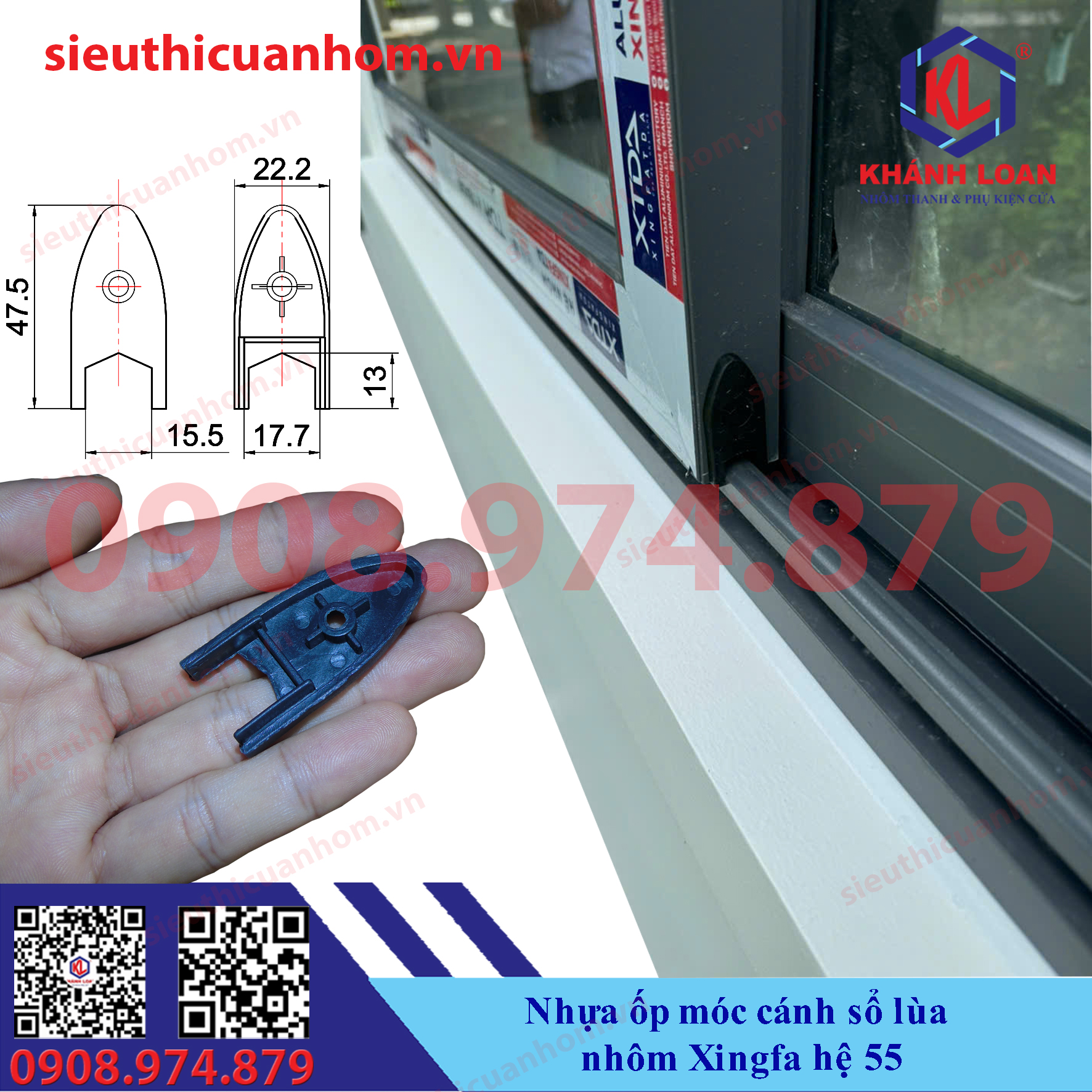 Nhựa ốp móc cánh cửa đi lùa sổ lùa nhôm Xingfa hệ 55