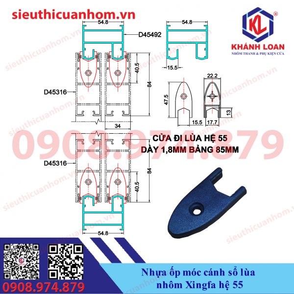 Nhựa ốp móc cánh cửa đi lùa sổ lùa nhôm Xingfa hệ 55