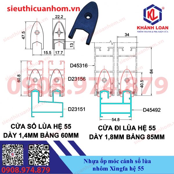 Nhựa ốp móc cánh cửa đi lùa sổ lùa nhôm Xingfa hệ 55