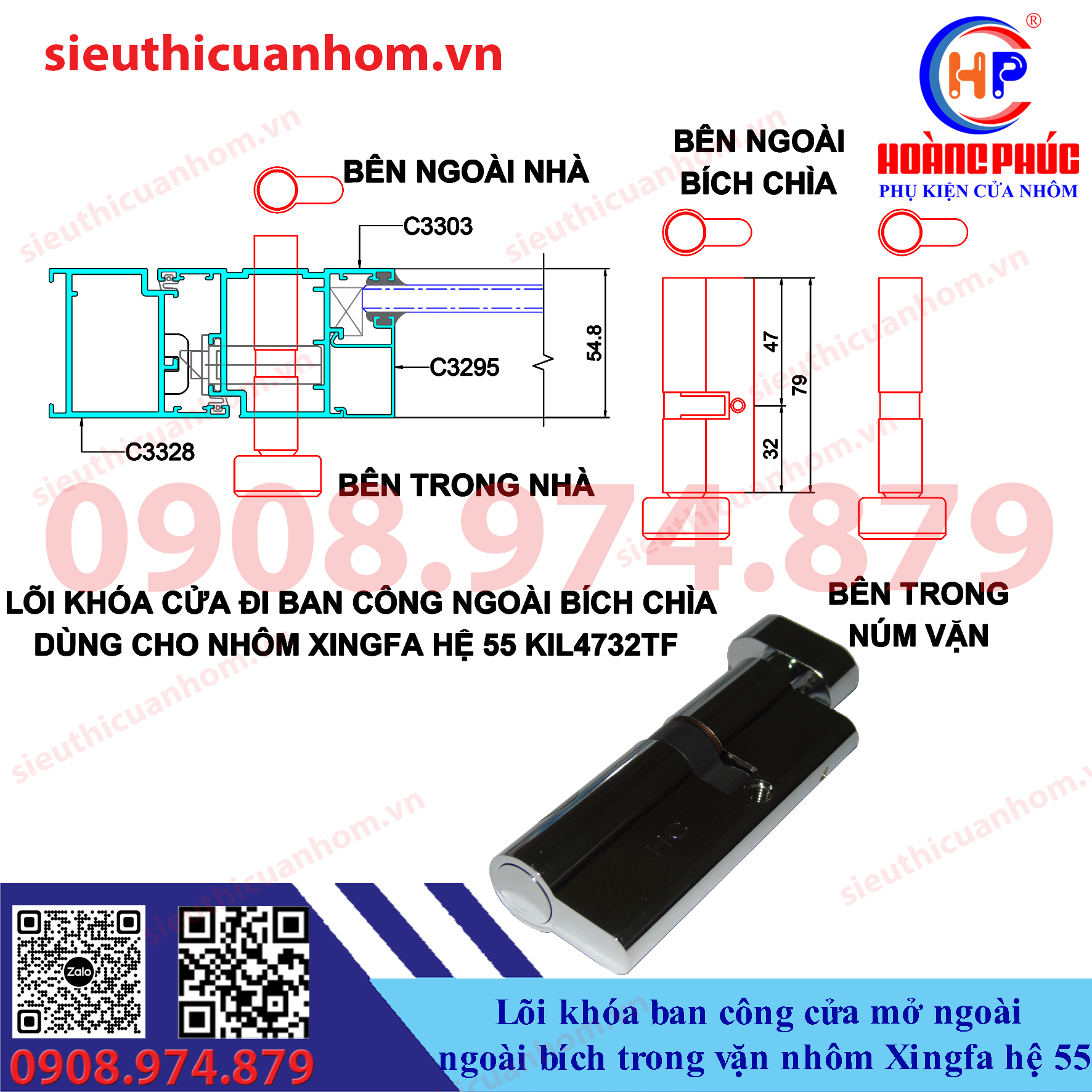 Lõi khóa ban công ngoài bích trong vặn cửa mở ngoài nhôm Xingfa hệ 55