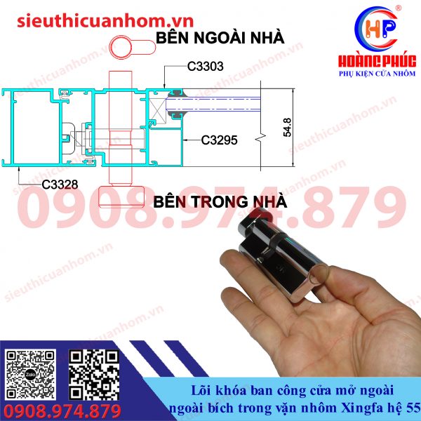 Lõi khóa ban công ngoài bích trong vặn cửa mở ngoài nhôm Xingfa hệ 55
