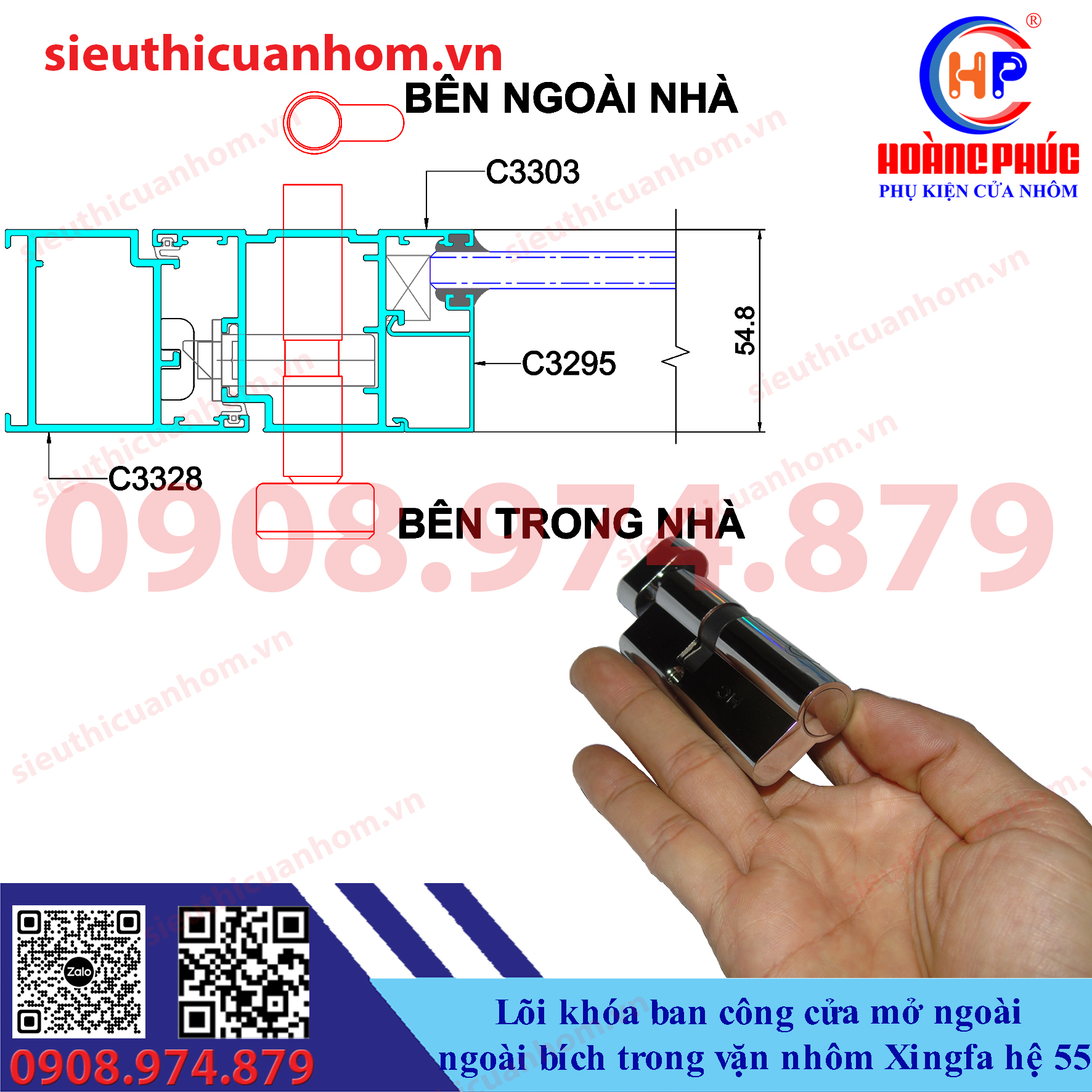 Lõi khóa ban công ngoài bích trong vặn cửa mở ngoài nhôm Xingfa hệ 55