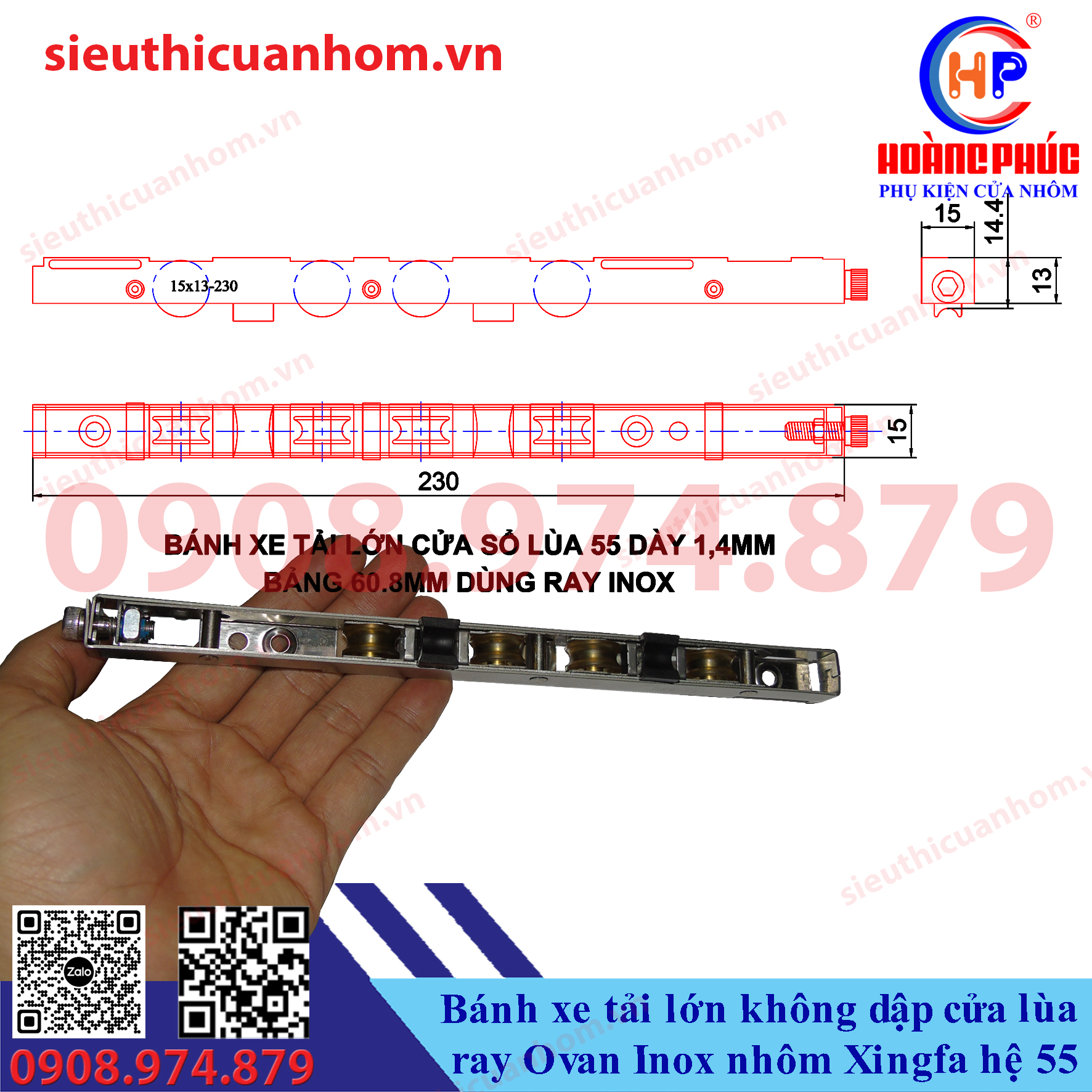 Bánh xe tải lớn không dập ray Ovan Inox cửa lùa 55