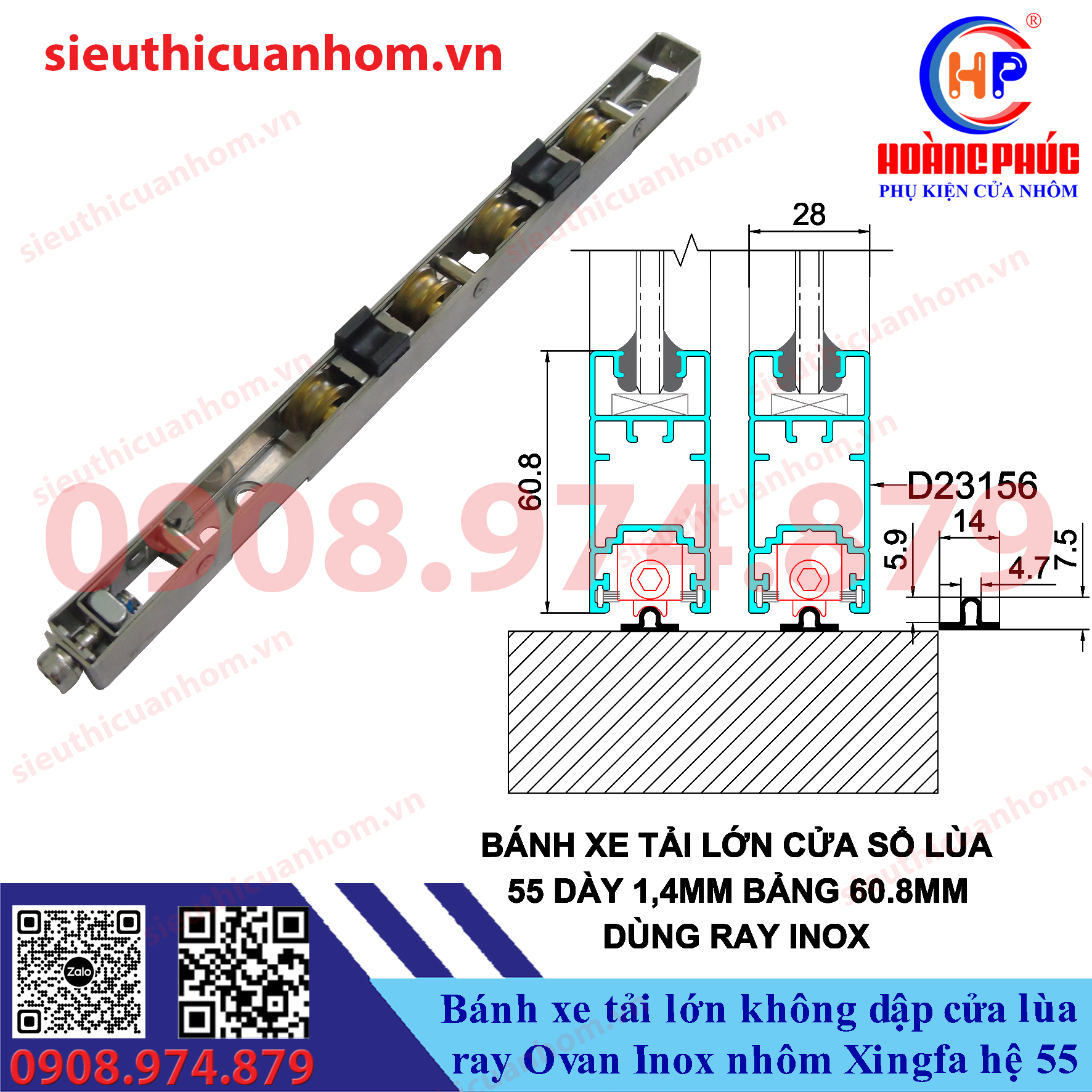 Bánh xe tải lớn không dập ray Ovan Inox cửa lùa 55