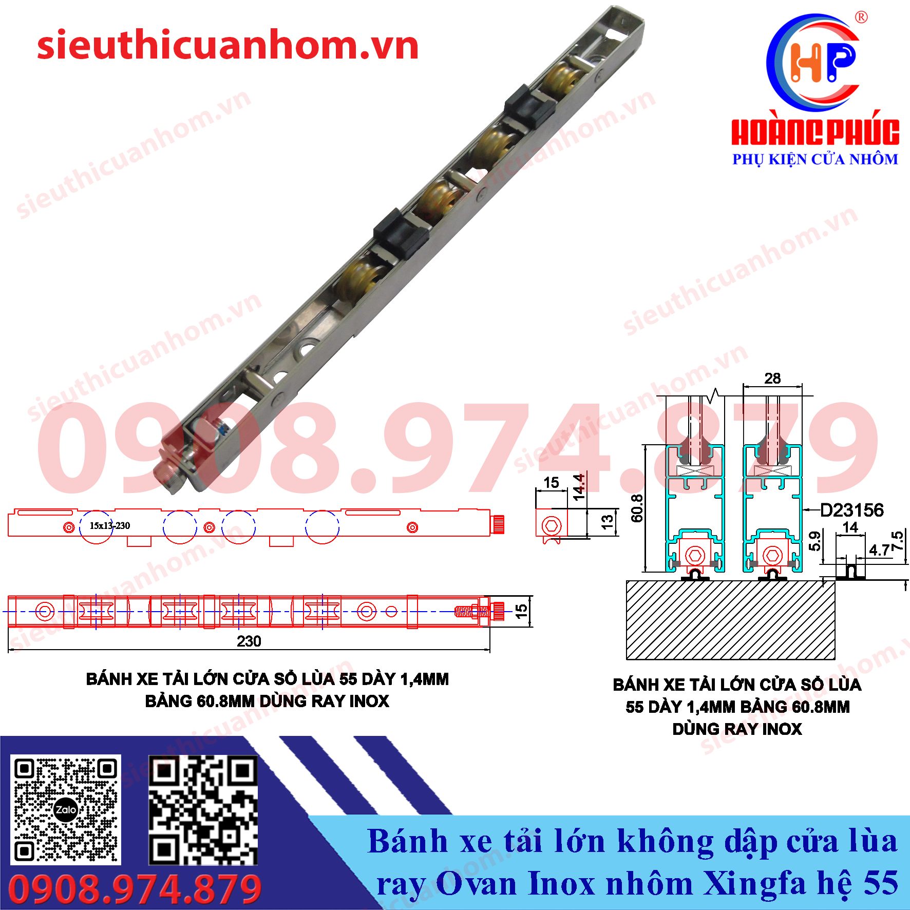 Bánh xe tải lớn không dập ray Ovan Inox cửa lùa 55