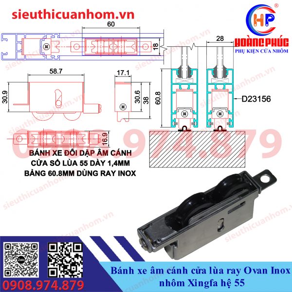 Bánh Xe Ray Ovan Inox Âm Cánh Cửa Lùa Nhôm Xingfa Hệ 55