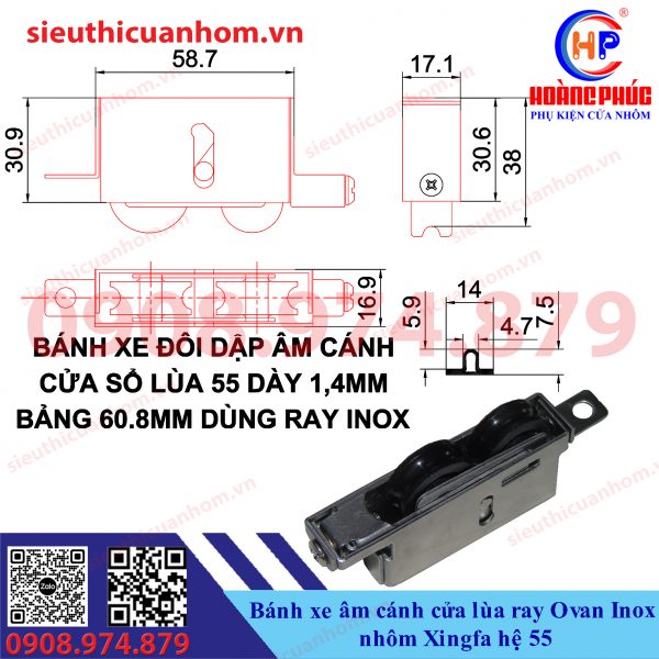 Bánh Xe Ray Ovan Inox Âm Cánh Cửa Lùa Nhôm Xingfa Hệ 55