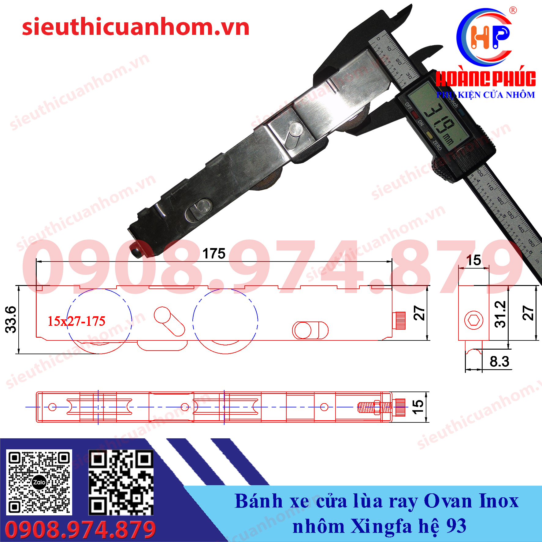 Bánh xe đôi ray Ovan Inox cửa lùa nhôm Xingfa hệ 93